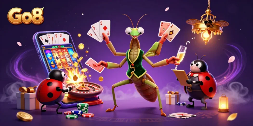 Engage in thrilling gaming at Go8 with a vibrant 3D casino scene showcasing action-packed gameplay.