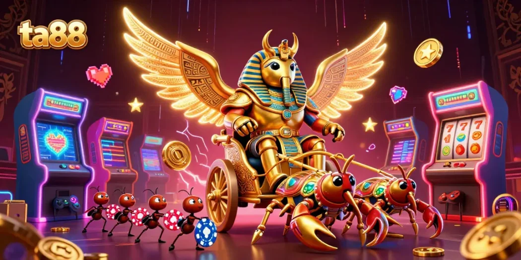 Experience the excitement of ta88 with a dynamic scene featuring a golden scarab beetle and casino-themed elements.