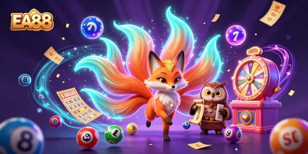 Experience EA88's vibrant gaming world with a magical fox spirit, wise owl, and colorful lottery elements.